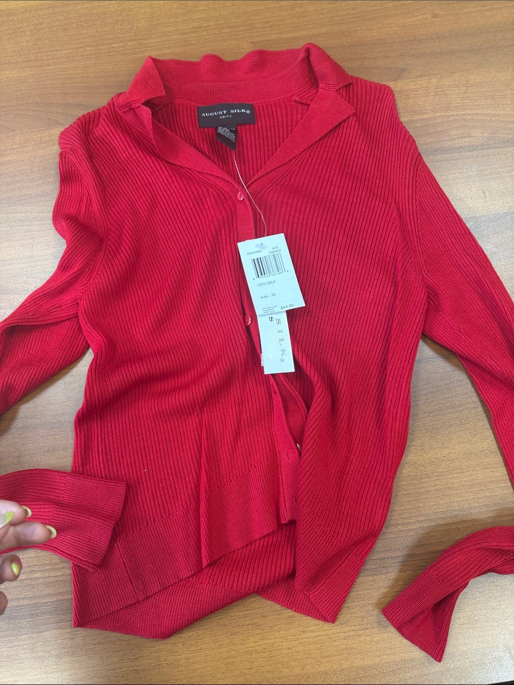 august silk Red Ribbed Button-Up Cardigan